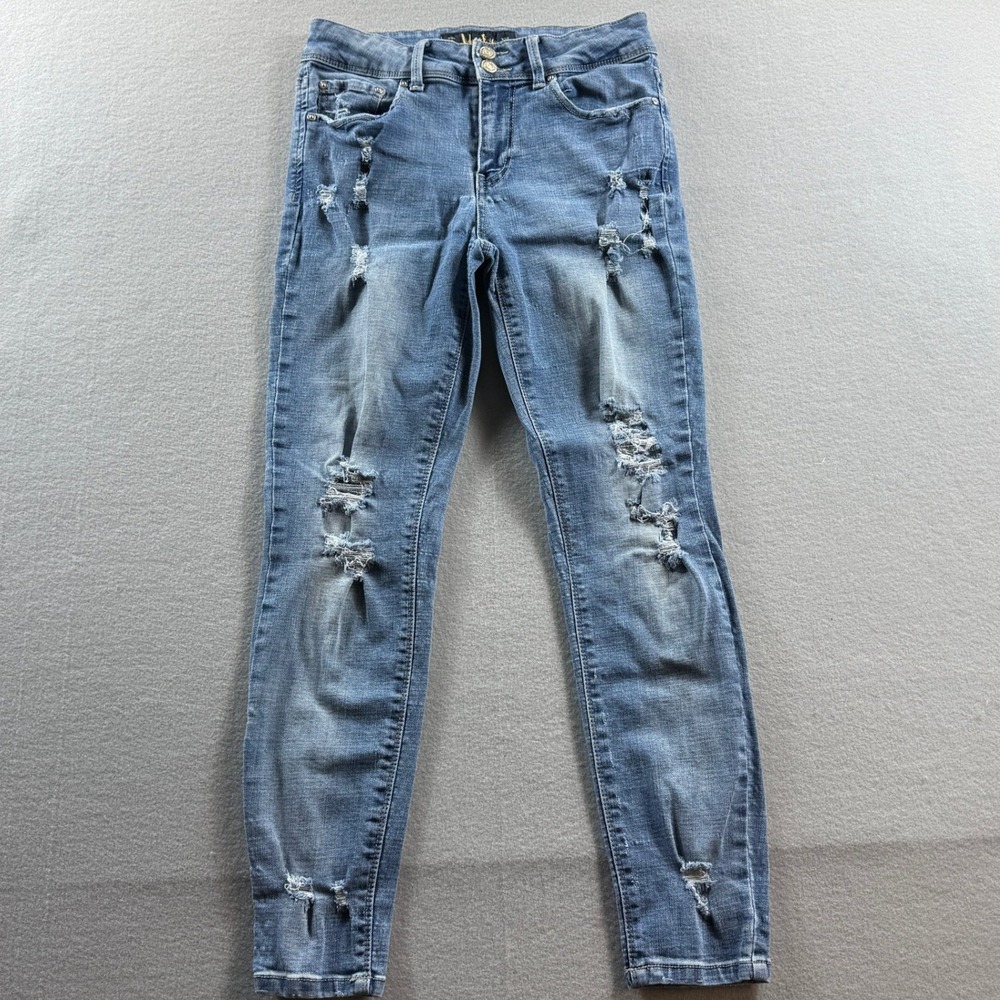 Indigo Rein Distressed Skinny Jeans Womens 9 Blue Denim Mid Rise 26x26